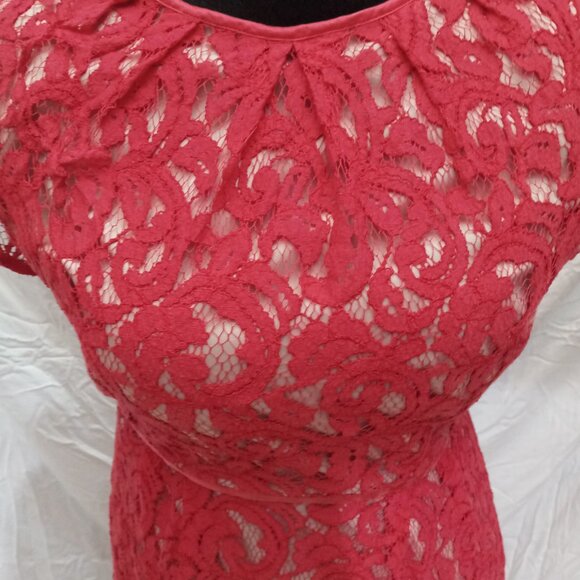 ️👗Red Lace Adrianna Papell Knee Length Dress Sz 14P Flutter Sleeves Fairycore - Picture 4 of 7